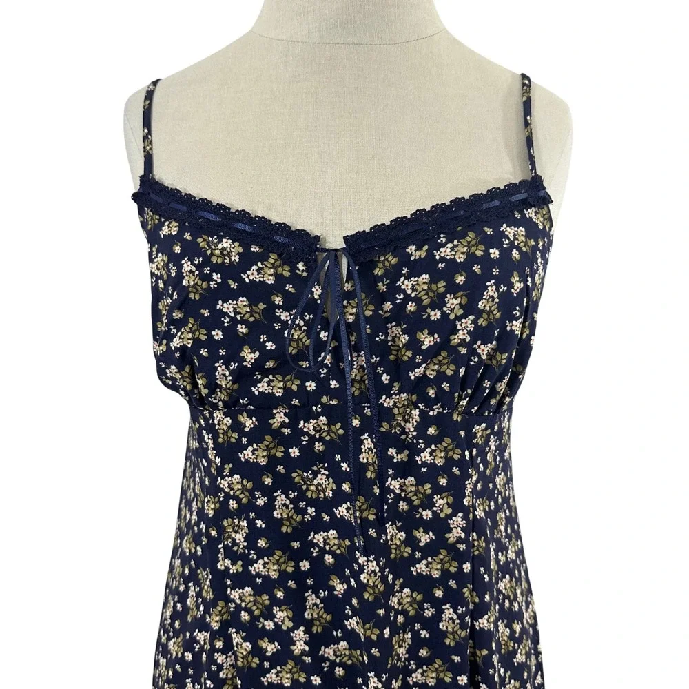 Blu Pepper Navy Blue Floral Lace‎ Trim Maxi Dress Sweetheart Neck Women's M Boho - Picture 4 of 12